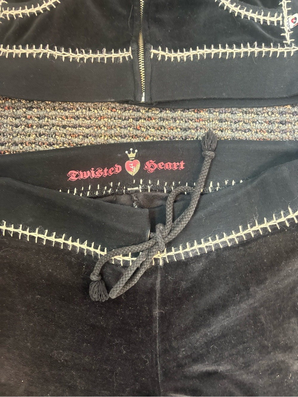 TWISTED HEART Black Velour Drawstring Track Pants with Pink Floral Accent - Picture 7 of 8